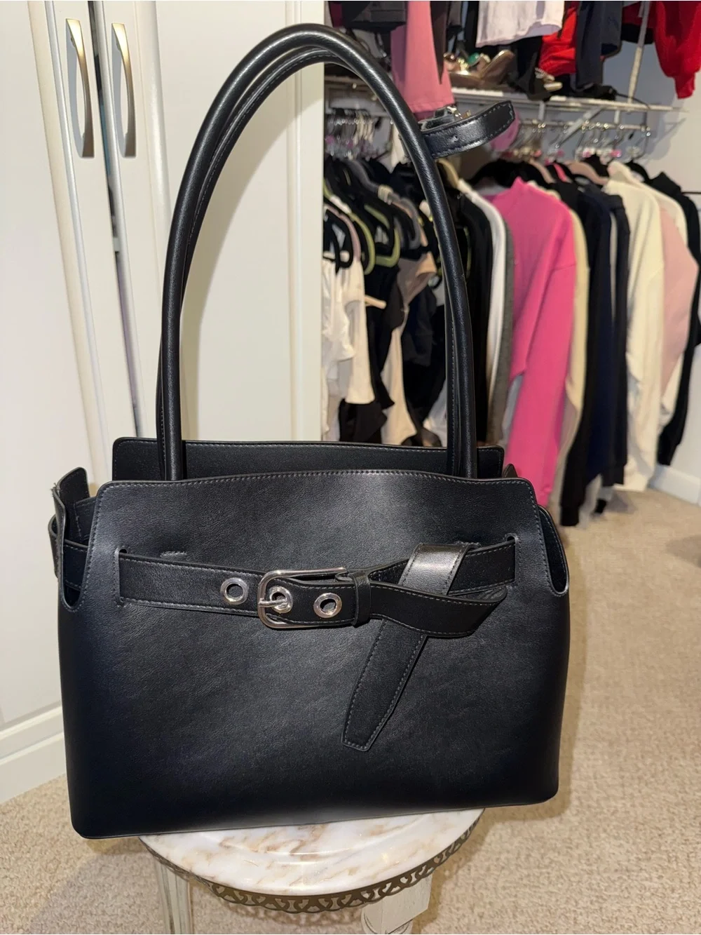 Women's Black faux Leather Top-Handle Bag with Buckle Detail new with tag H&M